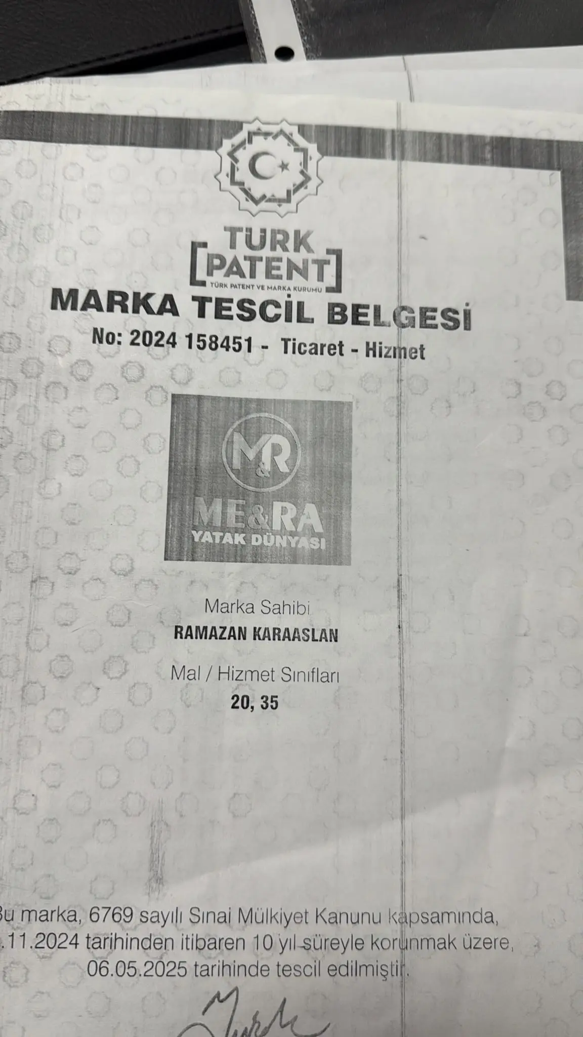 TÜRKPATENT marka tescil belgesi